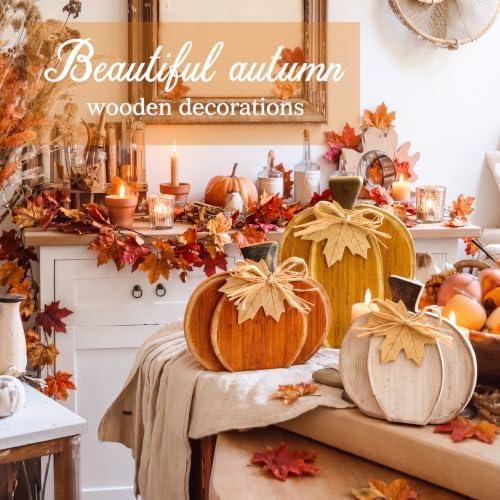 Cinnvoice 3 Pcs Fall Pumpkin Decor Fall Wooden Signs 3D Pumpkin Tabletop Signs Farmhouse Thanksgiving Tiered Tray Decorations for Home Harvest(Rustic,Yellow Orange,7.3" 9")