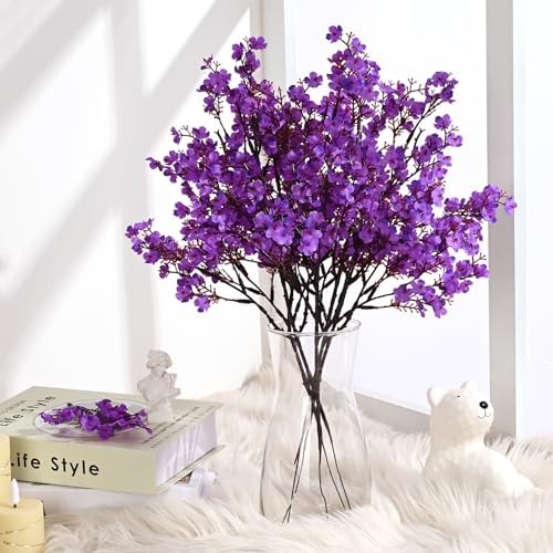 15 Pcs Fake Flowers, Real Touch Babys Breath Artificial Flowers, Purple