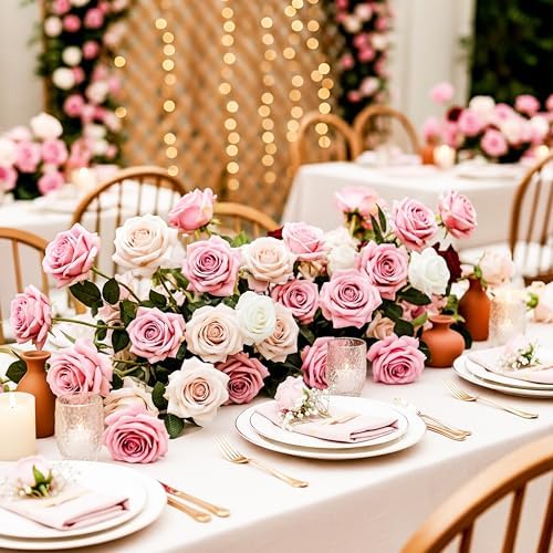 Auihiay 104PCS Pink Roses, Realistic Silk Velvet Pink Artificial Flowers