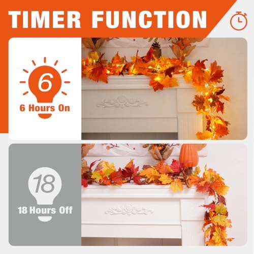 KASZOO 4 Pack Fall Maple Garland with 80 LED String Light- 5.8ft/Piece Artificial Fall Foliage Garland Autumn Decor for Home Wedding Party