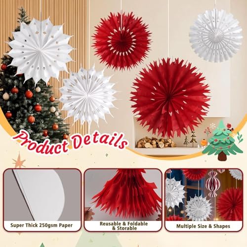 Red and White Christmas Decorations Set, 11Pcs 3D Candy Paper Honeycomb Ornaments Paper Snowflake Fans, Decorative Hanging Lantern Ornaments for Xmas Tree Winter New Year Holiday Party Home Decor