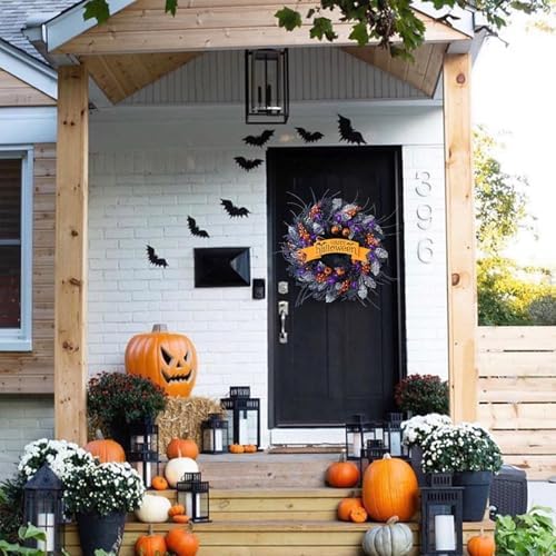 22 Inch Halloween Glitter Pumpkin Spider Wreath for Front Door