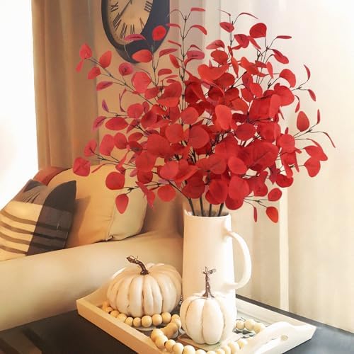 4Pcs Artificial Eucalyptus Leaves Stems 33.8‘’ Eucalyptus Plants Branches Greenery for Home Fireplace Farmhouse Party Wedding Table Bathroom Christmas Décor Red