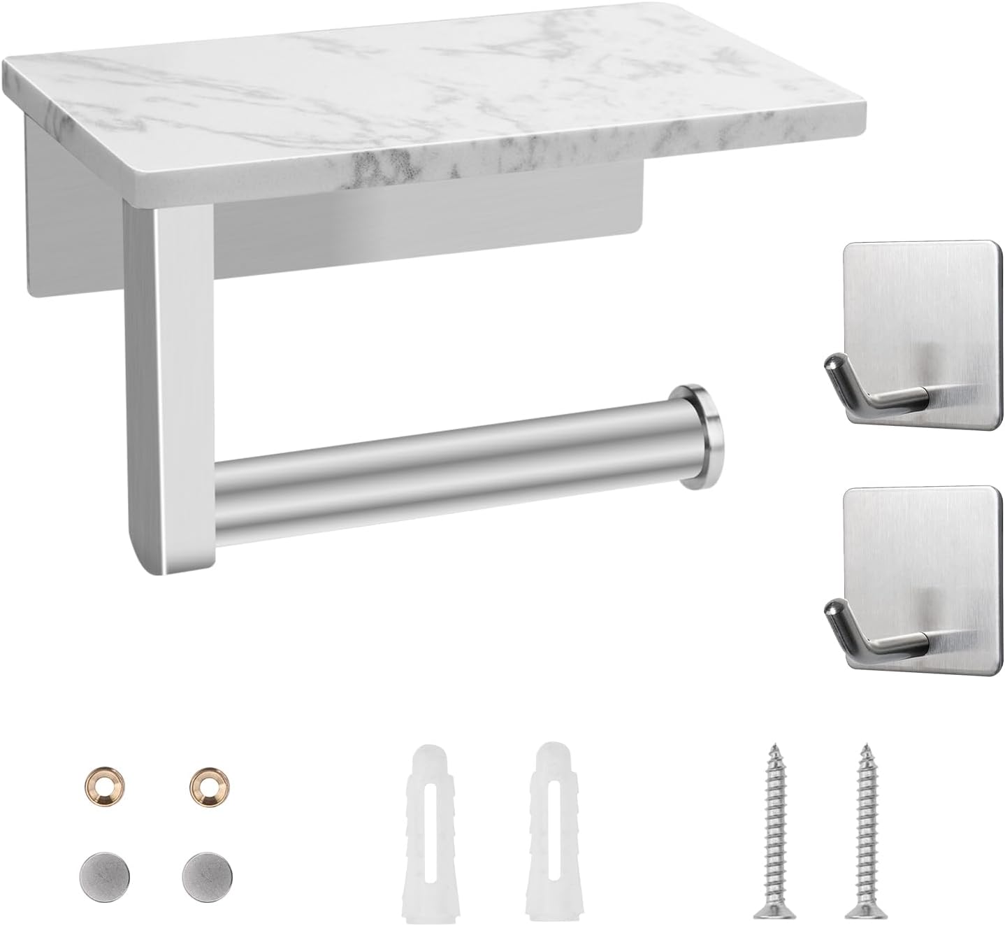 Toilet Paper Holder with Marble Shelf, SUS304 Stainless Steel Wall Mounted Toilet Paper Holder and 2 PCS Free Adhesive
