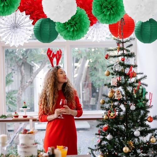 Red Green-White Christmas Party Decorations - 20pcs Mexican Italian Paper Lanterns Fans,Tissue Pom Poms,Honeycomb Balls,Bunting,Birthday Mexico Italy Baby Shower Wedding Decor Burgleda