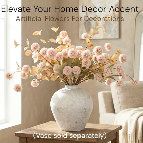 Artificial Flowers for Vase - 12 Stems Beige Faux Silk Mums with Eucalyptus