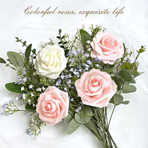 BLEUM CADE 16Pcs Artificial Flowers Fake Foam Roses with Stems for Wedding