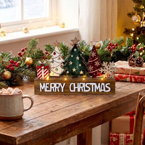 Patelai Lighted Christmas Tree Table Decor, Rustic Wooden Tree with LED