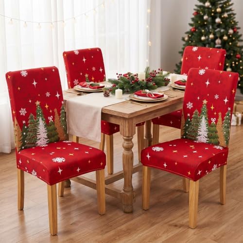 Christmas Chair Covers Set of 6,Xmas Tree Dining Chair Slipcovers,Elastic Removable Washable Dining Parsons Chair Protectors,Christmas Decor for Home Red