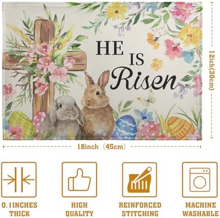He is Risen Easter Placemats Set of 4 12x18 Inch Bunny Floral Cross Table Mats Spring Rabbit Flowers Eggs Place Mat for Dining Table Party Kitchen Decoration