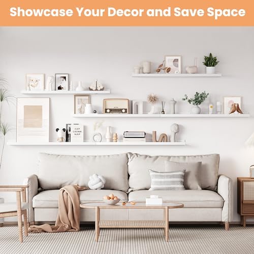 upsimples Floating Shelves for Wall Decor and Storage, White, 6Pcs 47.3''