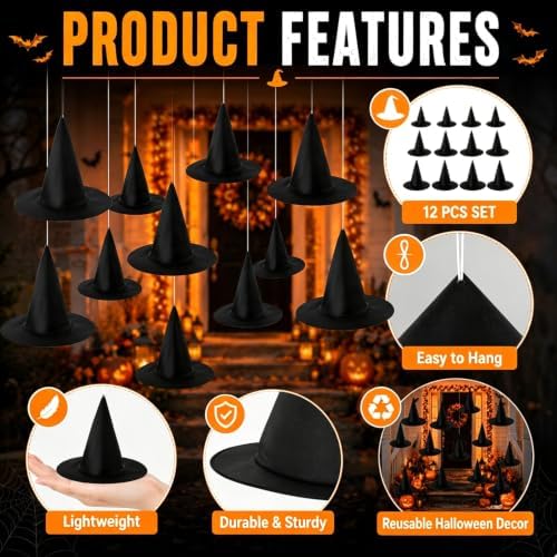 Halloween Hanging Witch Hats Decorations, 12 Pcs Floating Witch Hat Decor