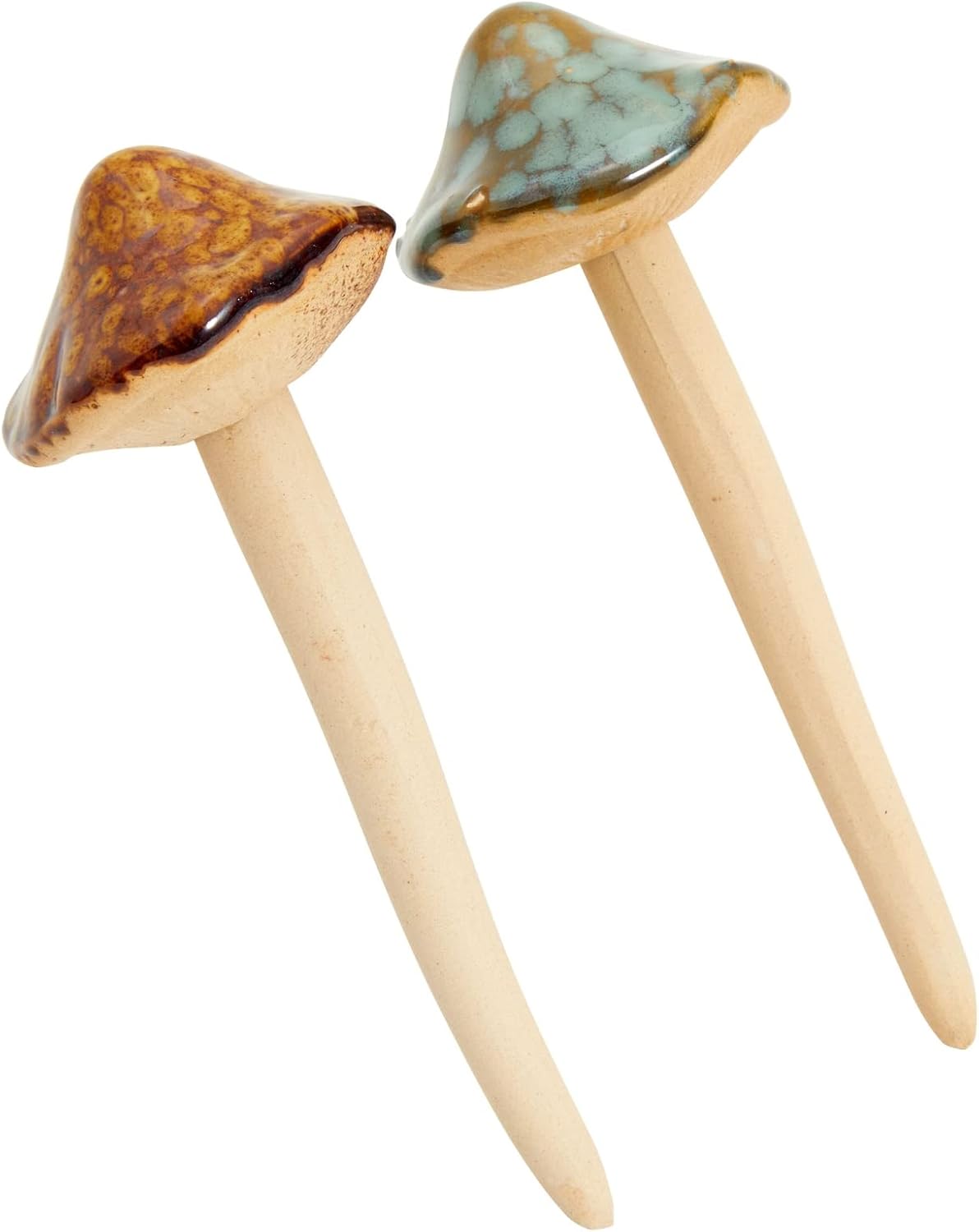 Ceramic Outdoor Mushrooms Plant Stakes / Brown / 5 Inch / Set of 4