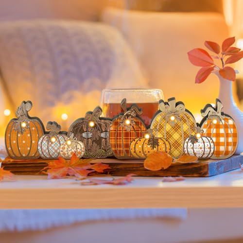 Yousoontic Fall Pumpkin Decor Table Centerpieces Halloween Wooden Pumpkin Sign Decorations with LED Lights 3D Block Autumn Harvest Farmhouse Fall Thanksgiving Decor for Home Mantel Desk Office Party