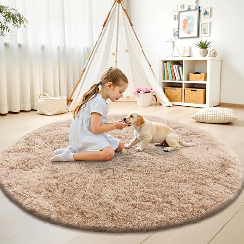 OLANLY Beige Round Rugs for Bedroom - Machine Washable, 4 ft Circle Area Rugs for Living Room, Soft and Fluffy Shaggy