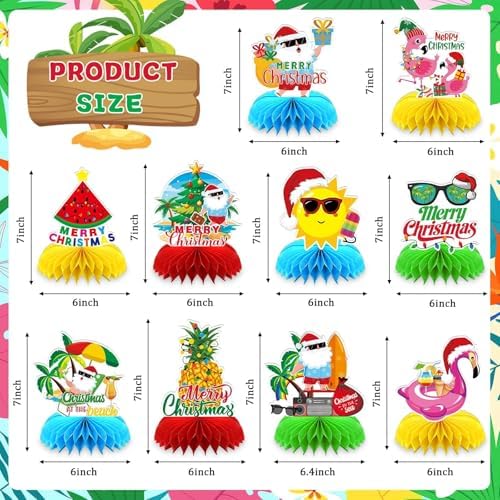 10 Pcs Summer Christmas Decorations, July Summer Christmas Table Honeycomb Hawaiian Christmas Party Toppers Summer Beach Decorations for Christmas Holiday Supplies