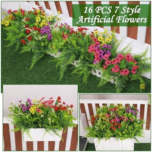 16 Bundles 7 Styles Artificial Flowers for Outdoors, UV Resistant No Fade Fake Plants Outdoor Faux Flowers Plant Silk Daisy Boston Fern Lavender Flowers for Cemetery Outside Planters Porch Patio Home