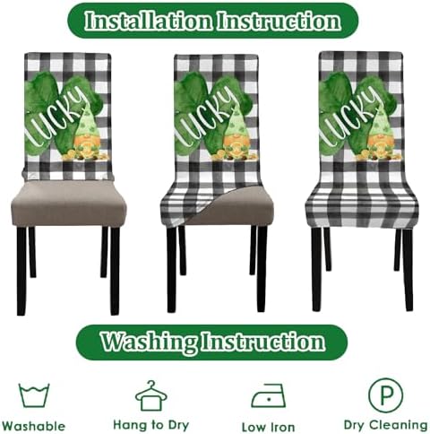 St Patricks Day Chair Covers Set of 6 Shamrock Gnome Dining Chair Seat Cover Stretch Removable Green Chair Slipcover Protector for St Patrick's Dining Room Kitchen Home Decor