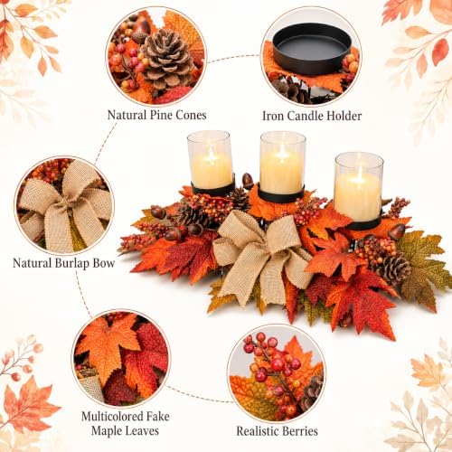 Fall Candle Holder Centerpiece with Maple Leaves, Pinecones, Berries & Burlap Bow,Thanksgiving Table Centerpiece Decoration for Dining Table, Mantel & Autumn Harvest Home Décor