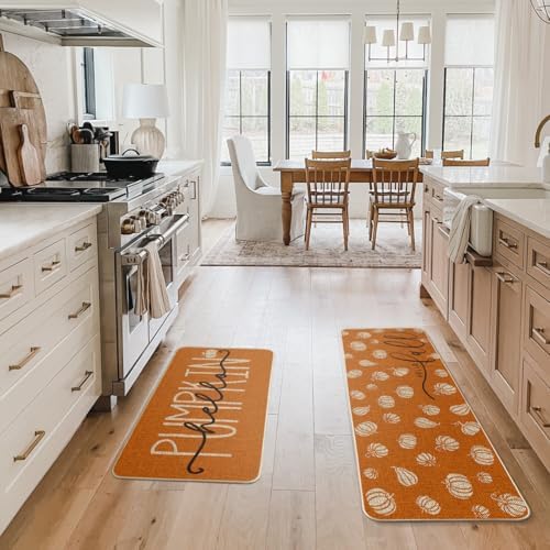 Artoid Mode Orange Hello Pumpkin Fall Kitchen Mats Set of 2 - 17x29+17x47"