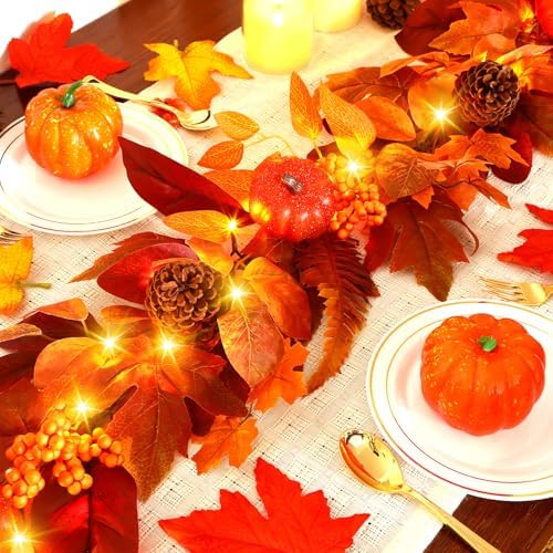 SHareconn 2 Packs 9ft Fall Garland with Lights and Timer for Mantle