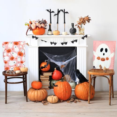 JarThenaAMCS 4 Pcs Halloween Chair Back Covers Pink Ghost Pumpkin Bat Dining Chair Slipcover Removable Seat Protector Cover for Home Kitchen Decorations