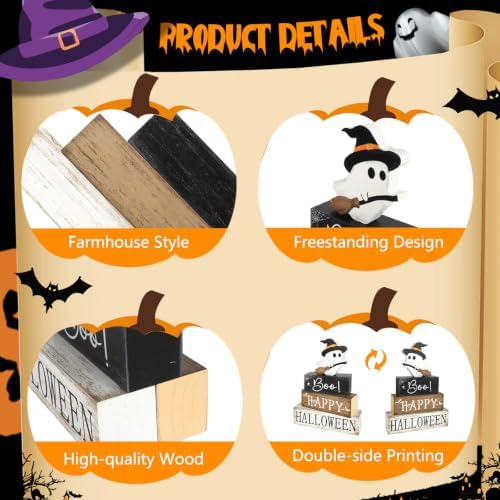 4Pcs Halloween Table Decorations Indoor, Farmhouse Halloween Cute Ghost Block Decorations, Rustic Ghost Table Centerpieces Signs Tiered Tray Decor for Home Mantel Shelf Office Party Supplies