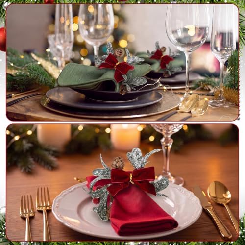 LemonRoad 6 Pcs Christmas Napkin Rings, Flocked Mistletoe