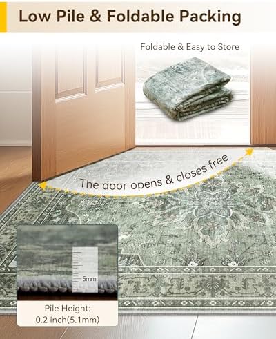 RELEANY Washable Area Rug, Runner 3'x7', Green/Dark Green/Gray