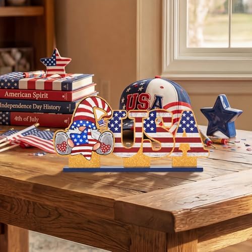 Smile Patriotic USA Wooden Standing Decor Set, 2-Piece 4th of July Tiered Tray Tabletop Signs with Gnome for Independence Day
