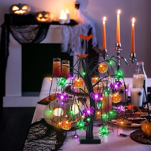Halloween Table Decor 18 Inch 36 LED Halloween Willow Tree with Pumpkin Bat Spider Lights, Timer/USB/Battery Operated Black Halloween Tree Spooky Halloween Decorations Indoor for Home Party Room Gifts