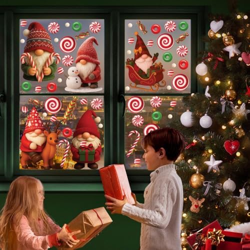 WALPLUS Christmas Window Clings Decorations Double-Sided Reusable Peel and Stick Removable for Glass Living Room Nursery Room Home Office Holiday Gnomies and Candy Delights 186 Pieces