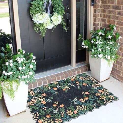Front Door Mat Indoor Outside Entrance - 2x3 Dark Navy Floral Rug