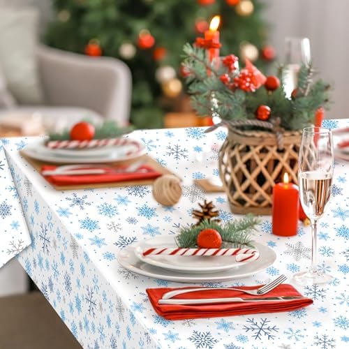 Gistome 3-Piece 54 x 108 Inch Snowflake Plastic Tablecloth – Blue and White Christmas Holiday Disposable Table Cover for Winter Parties, Xmas Dinners, and Indoor Outdoor Decorations