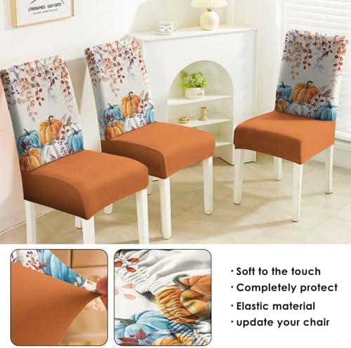 Fall Chair Covers Set of 6,Thanksgiving Parsons Chair slipcovers,Fall Pumpkin Kitchen Dining Room Decor Chair Seat Cover Protectors(Orange Pumpkin,6 Pack)