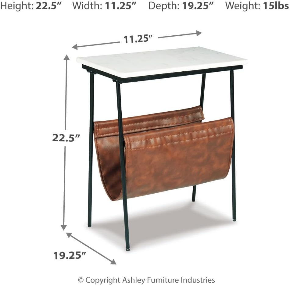 Signature Design by Ashley Marble End Table with Magazine Holder, Etanbury | Genuine white marble top, Brown faux