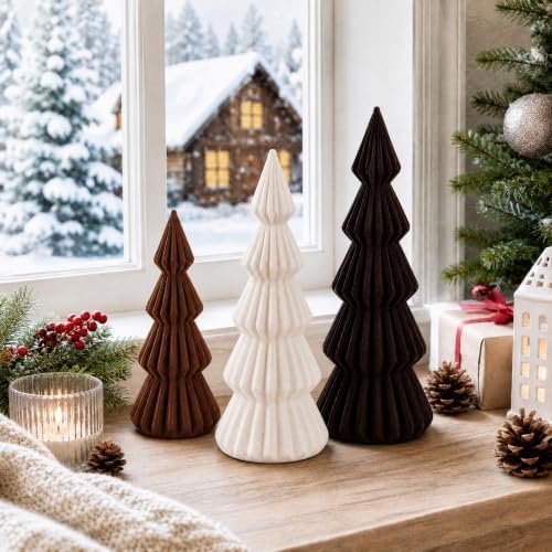 Set of 3 Velvet Ceramic Christmas Tree Decor, Brown,White,Coffee
