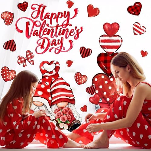 Whaline 6 Sheets Valentine' s Day Window Clings Romantic Red Stripe Heart Potted Gnome Windows Decor Reusable Anti-Collision Glass Stickers for Wedding Anniversary Home Party Supplies