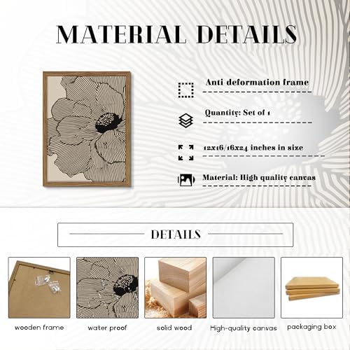 Framed Abstract Floral Wall Art, Neutral Line Flower Canvas Wall Decor Painting, Modern Minimalist Botanical Poster