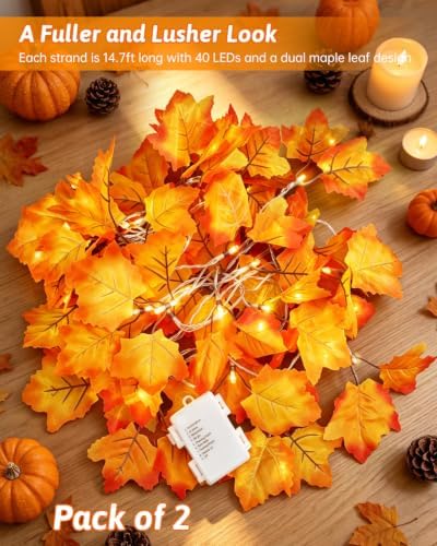 2Pack [8 Lighting Modes & Timer] Fall Decor Maple Leaf Garland with Lights 80LED Battery Operated Waterproof, Fall Decorations for Home Outdoor Indoor Thanksgiving Decor Halloween Friendsgiving Autumn