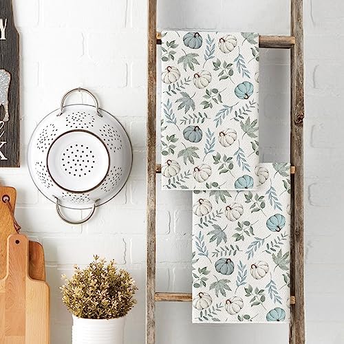 Artoid Mode Blue Leaves Pumpkin Fall Kitchen Towels Set of 3 18x26 Inch