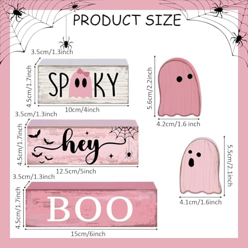 Lineshading 4 Pcs Pink Halloween Tiered Tray Decor, Wooden Ghost Signs