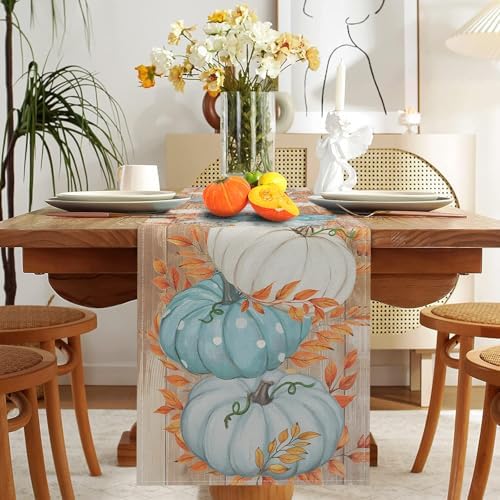 Niviy Pumpkin Leaves Thanksgiving Fall Table Runner, Autumn Table Decoration for Home Kitchen Dining Outdoor Indoor Holiday Farmhouse Decor 13 x 72 Inch