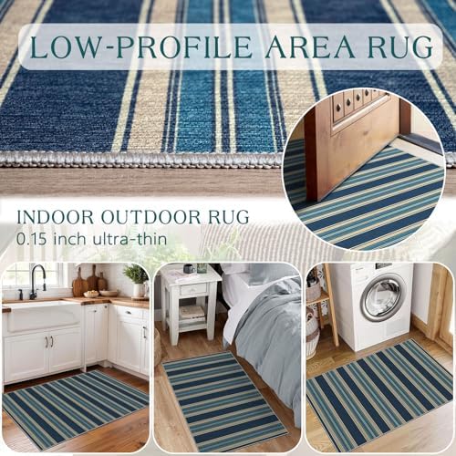 Front Door Mat Outside Entrance, 2x3 Navy Blue Coastal Striped Rug