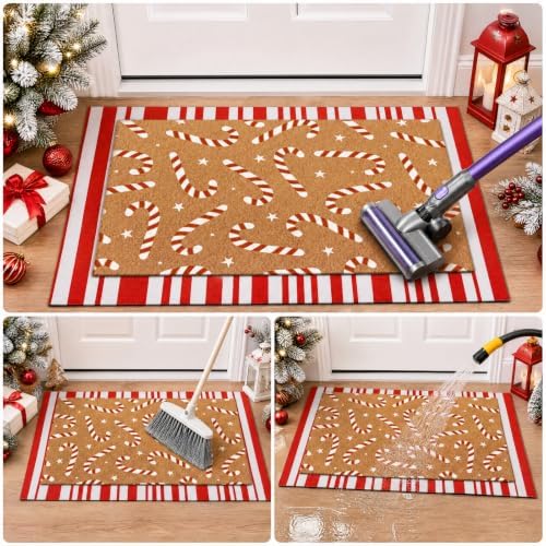 Tinideya 2 Pcs Christmas Layered Doormat Set, Candy Cane
