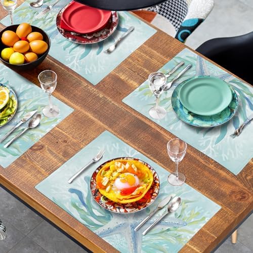 Nautical Coastal Placemats Set of 4 Ocean Coral Starfish Seagrass Beach Theme Table Mat 12x18 Inch Teal Turquoise Blue Summer Linen Fabric Place Mats for Party Kitchen Dining Outdoor Indoor Decor