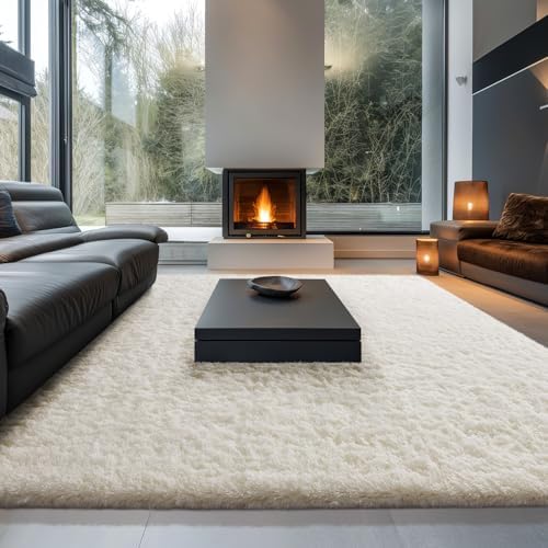 Ophanie Area Rugs 10x14 Living Room, Large Ivory Bedroom Carpet, Big Shag Indoor Thick Soft Nursery Rug, Fluffy Carpets