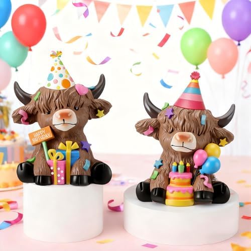 Karenhi 2 Pcs Highland Cow Figurines Resin Birthday Cake Topper Decor