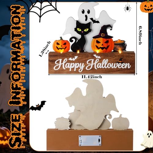 Patelai Halloween Table Decoration with LED Lights Wood Pumpkin Ghost Signs