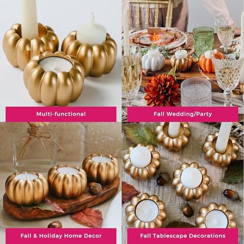 Kate Aspen 2-in-1 Gold Pumpkin Candle Holder Set – Fall Taper, Tealight & Votive Candle Holders – Thanksgiving Table Decor, Pumpkin Centerpieces, Halloween Candlestick Holder (Set of 6)